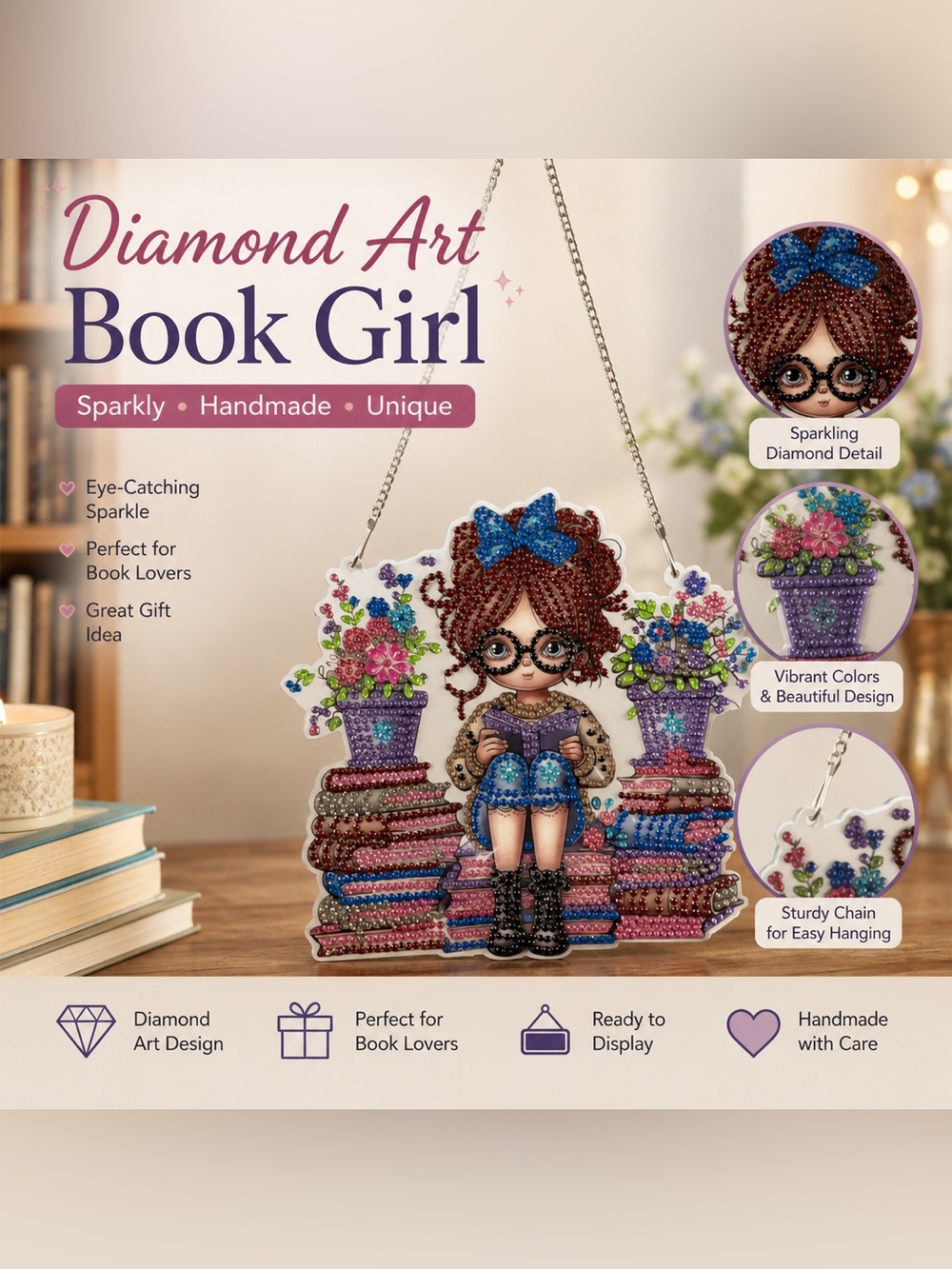 Handmade Diamond Art Book Lover Wall Hanging Cute Reading Girl Decor-Sealed